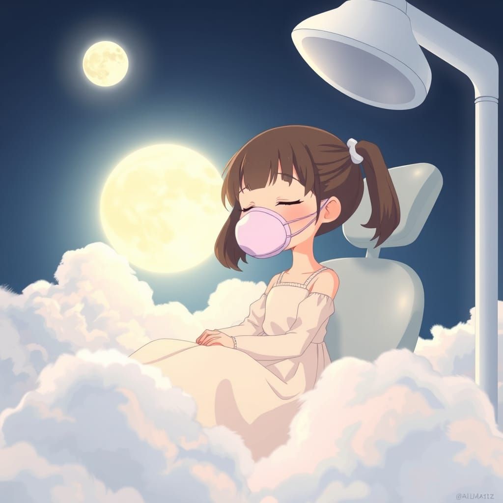 Dreamlike Anime Girl in Cloud Dentist Chair