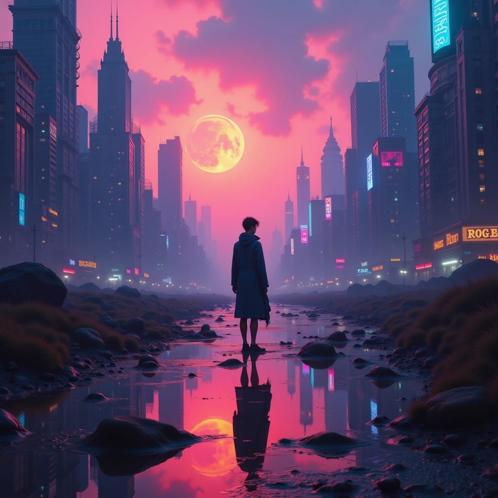 Surreal Figure in a Dystopian Neon Landscape