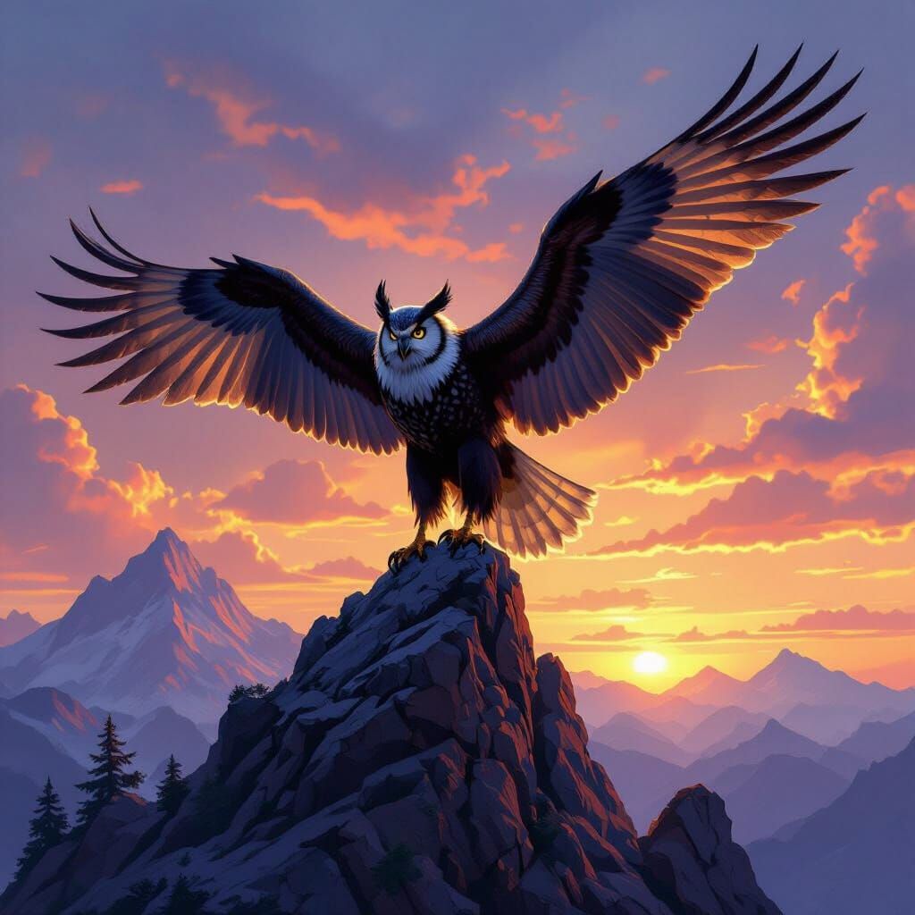 Mythical Bird of Prey on Mountain Peak at Dawn