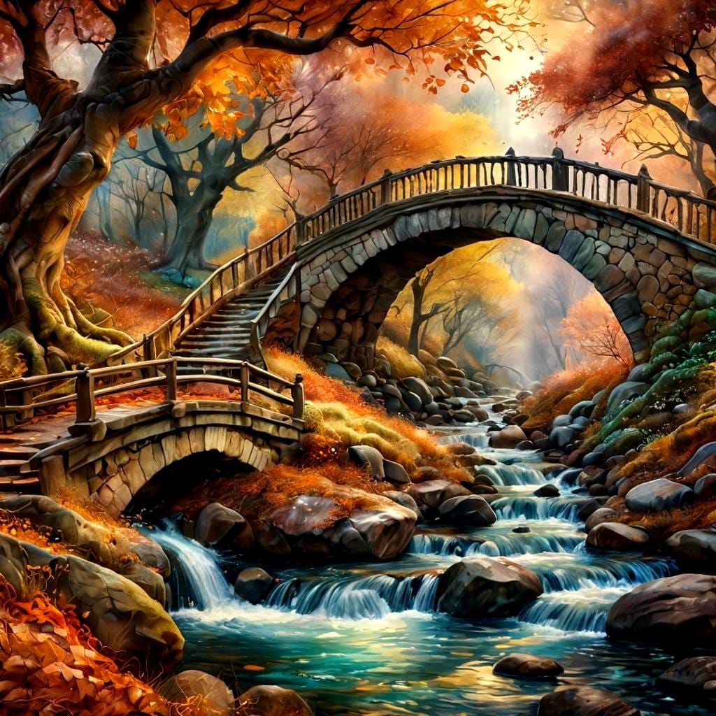 Autumnal Landscape with Cobbled Bridge in Watercolor
