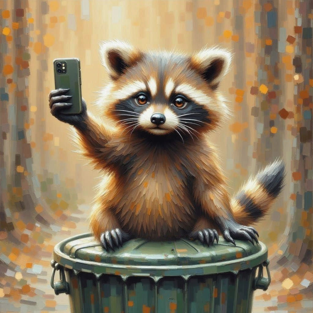 Raccoon Takes a Selfie with Smartphone on Garbage Can