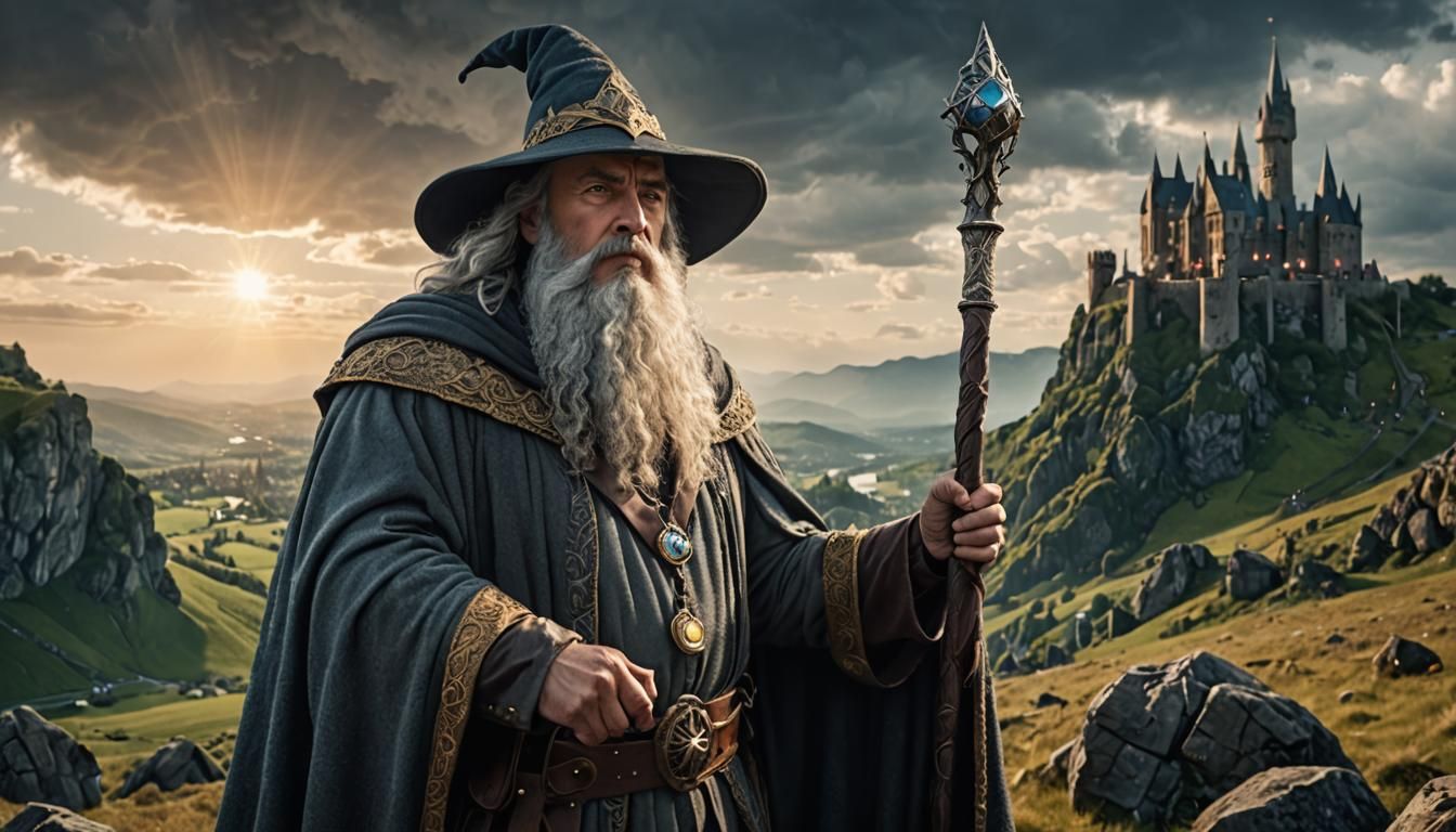 Majestic Wizard Superhero in Medieval Landscape