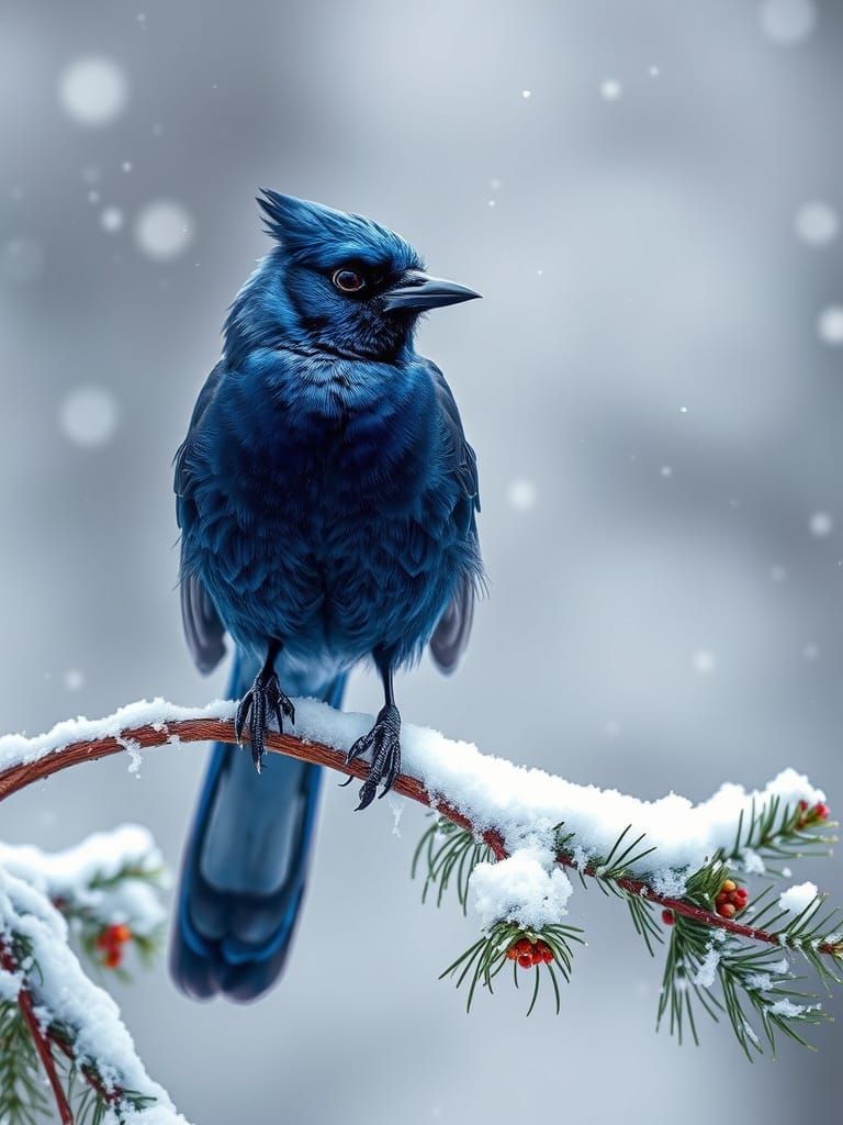 Steller's Jay on Snowy Branch in Realistic Photo Style