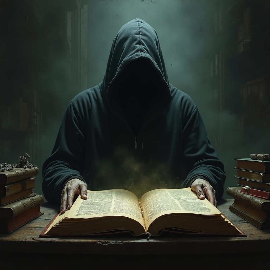 Surreal Hooded Scholar Devours Ancient Tomes in a Dark, Myst...