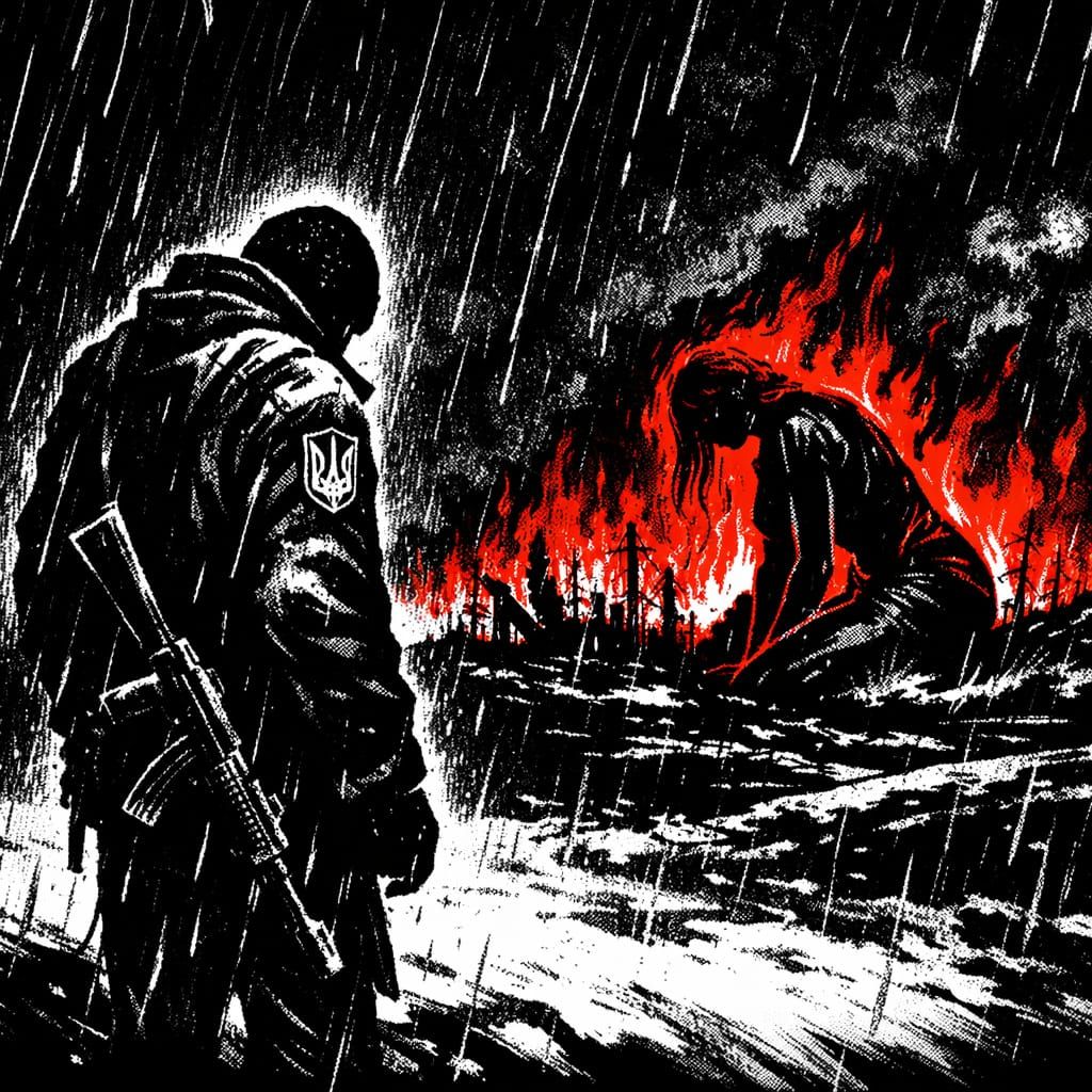 Lone Ukrainian Figure in Snowy Night: Noir Charcoal Drawing