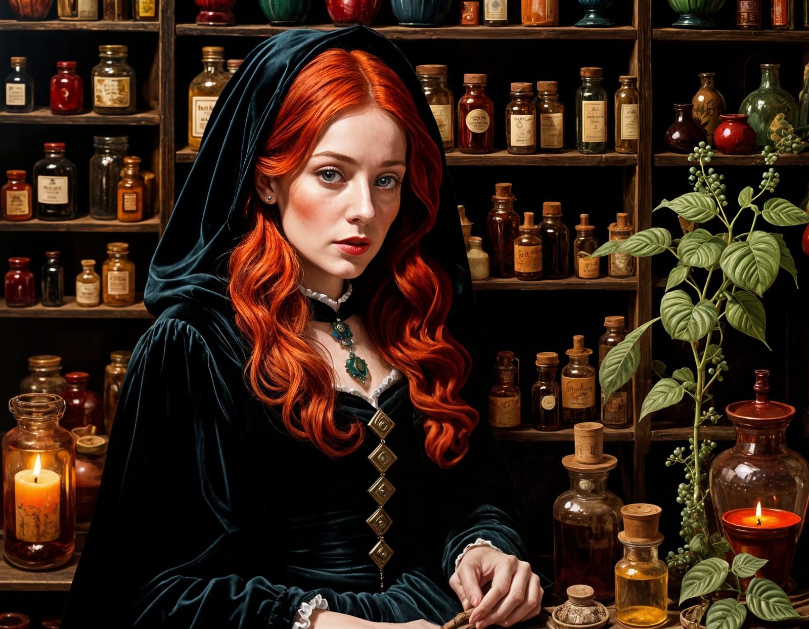 Victorian Woman Brewing Potion as Oil Gouache
