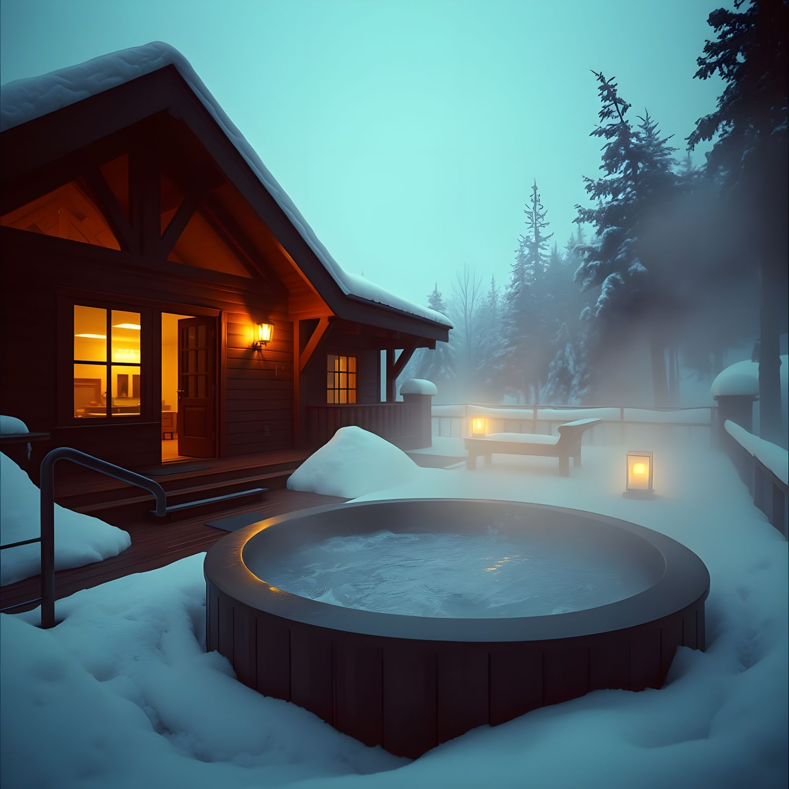 Relaxing A-Frame House with Outdoor Bath in Falling Snow