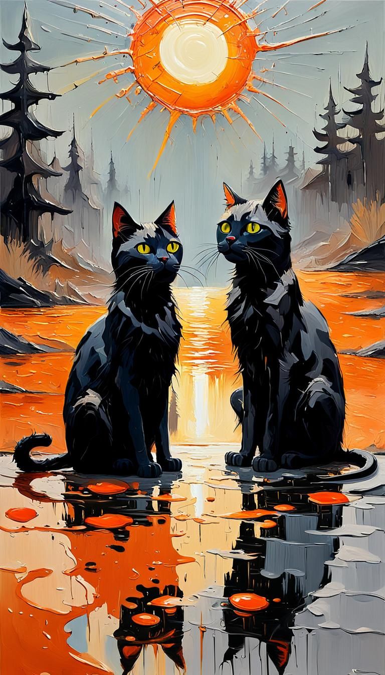 Surreal, abstract painting featuring two black cats with exa...