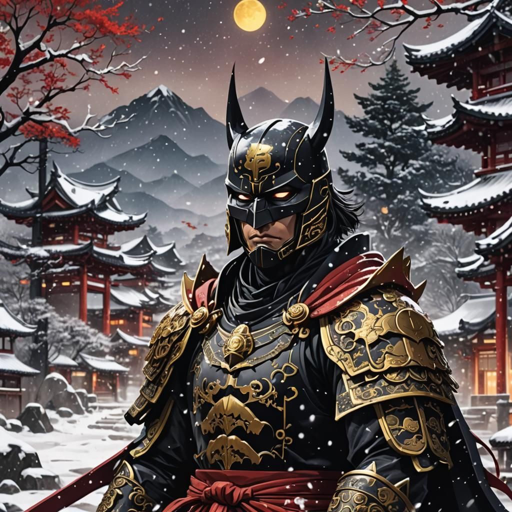 Samurai Batman Meditates in Snowy Mountains: Manga Style
