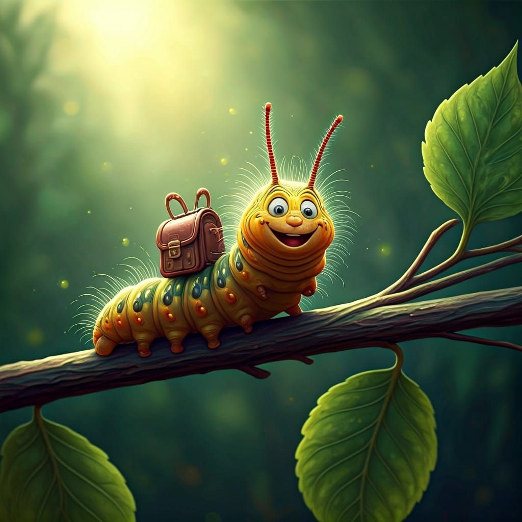 Happy Caterpillar with Backpack in Watercolor Style
