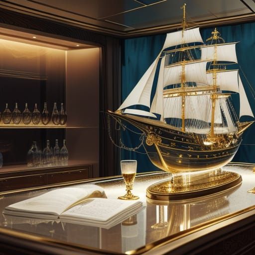 Luxury Yacht in Bottle on Desk, Realistic Concept Art