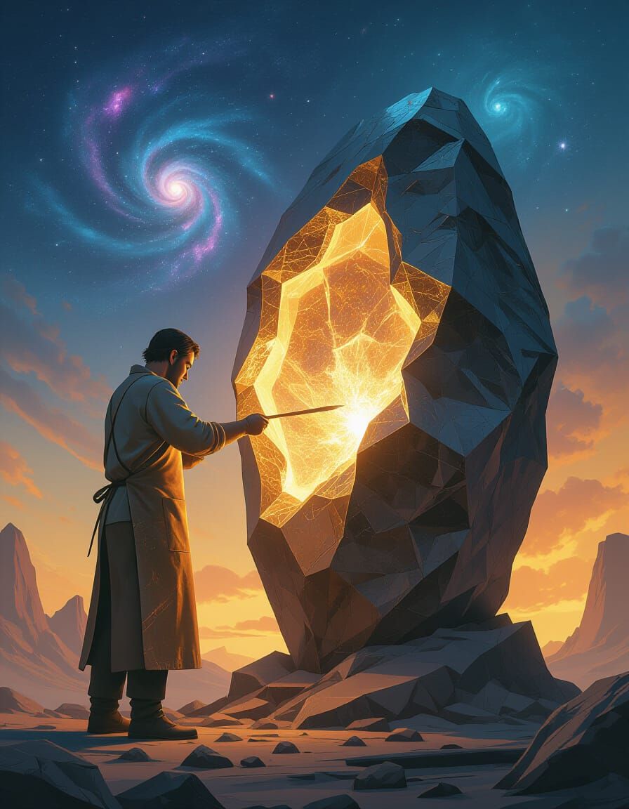 Cosmic Sculptor Carving Asteroid in Ethereal Nebula