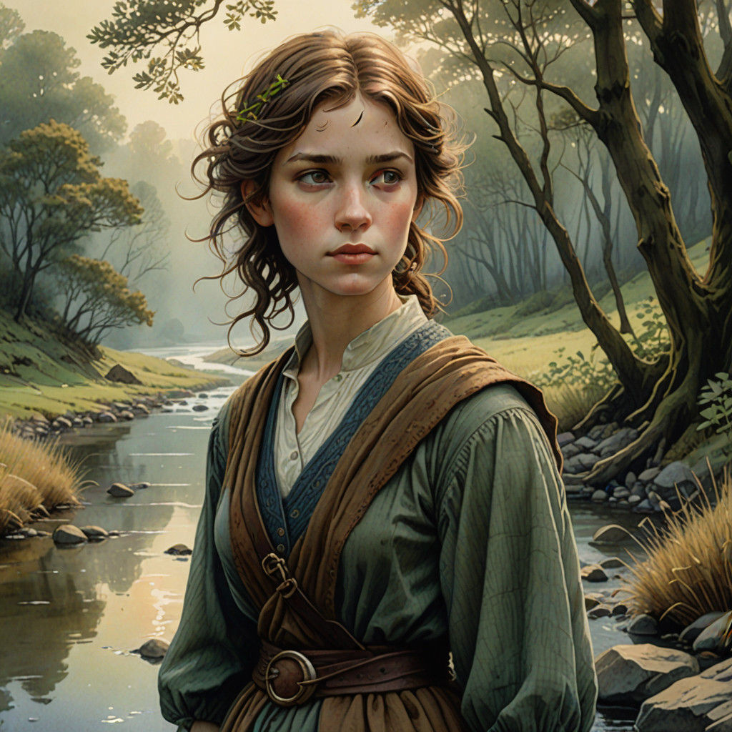 Soothing Riverbank Encounter in Mythic Realist Style