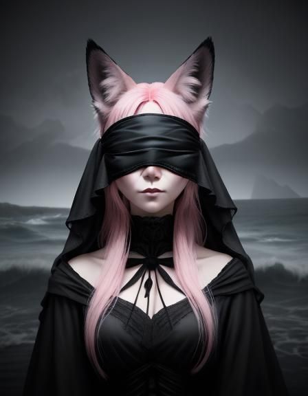 Pink Fox-Girl Mourns at Cliffside, 3D Render