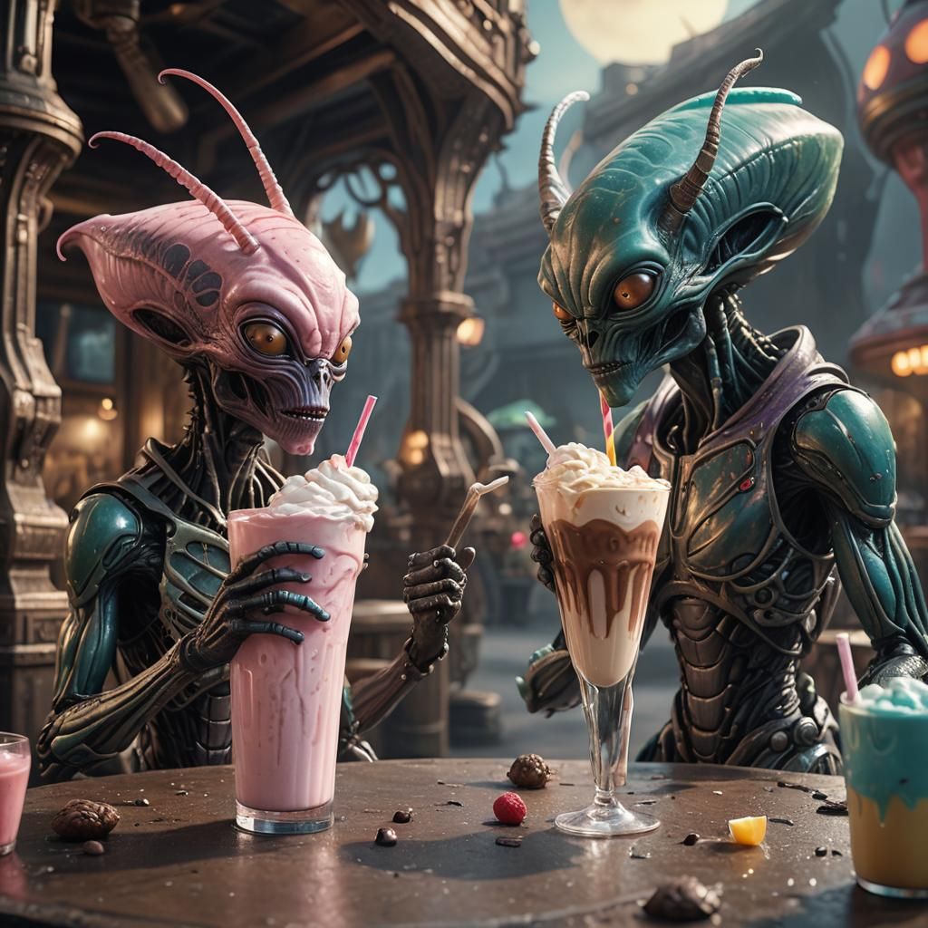 Aliens Sharing Milkshakes: Detailed Fantasy Concept Art