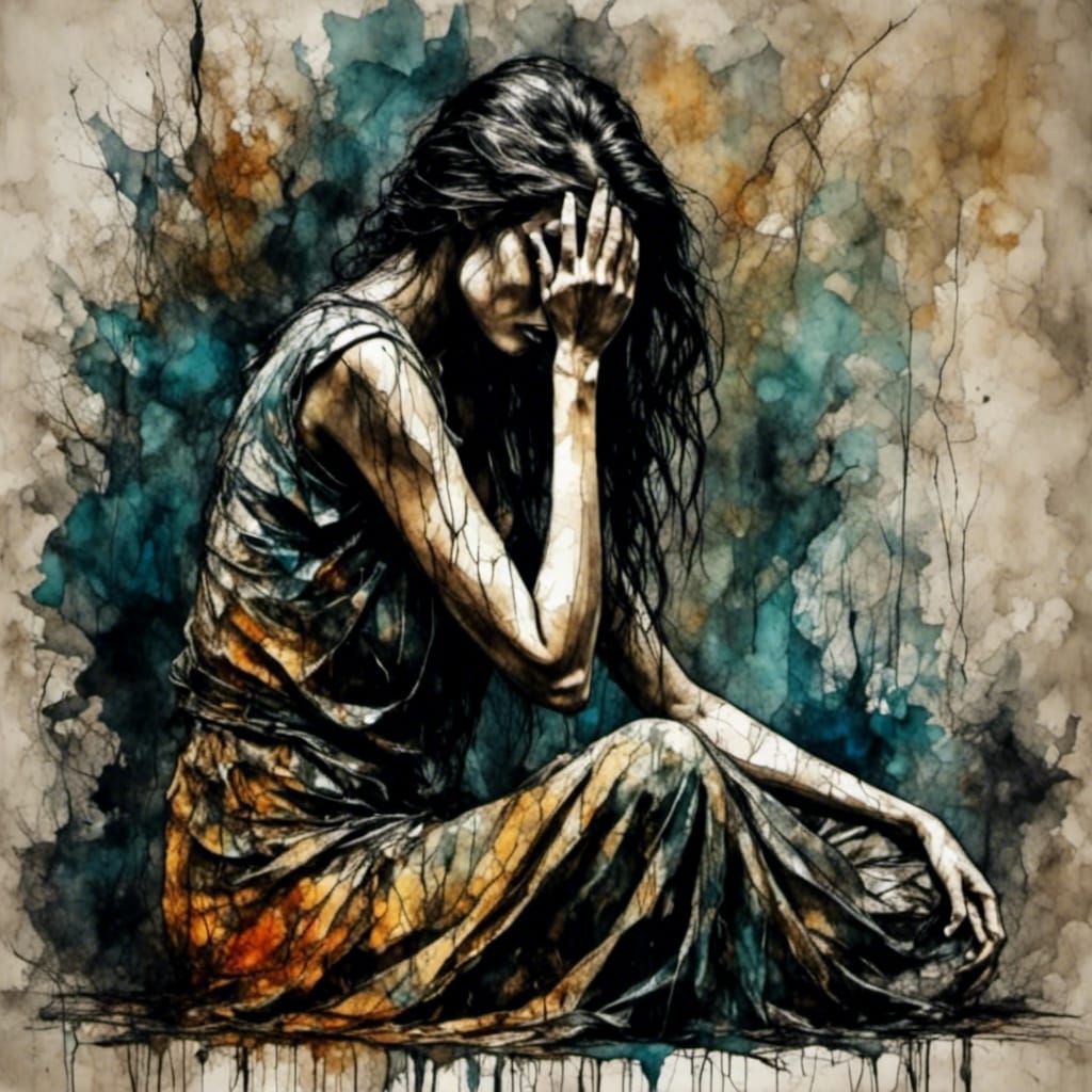 Despairing Woman in Empty Room, Alcohol-Ink Art