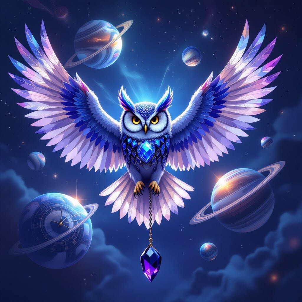 Crystal Feathered Owl in Sci-Fi Astral Landscape