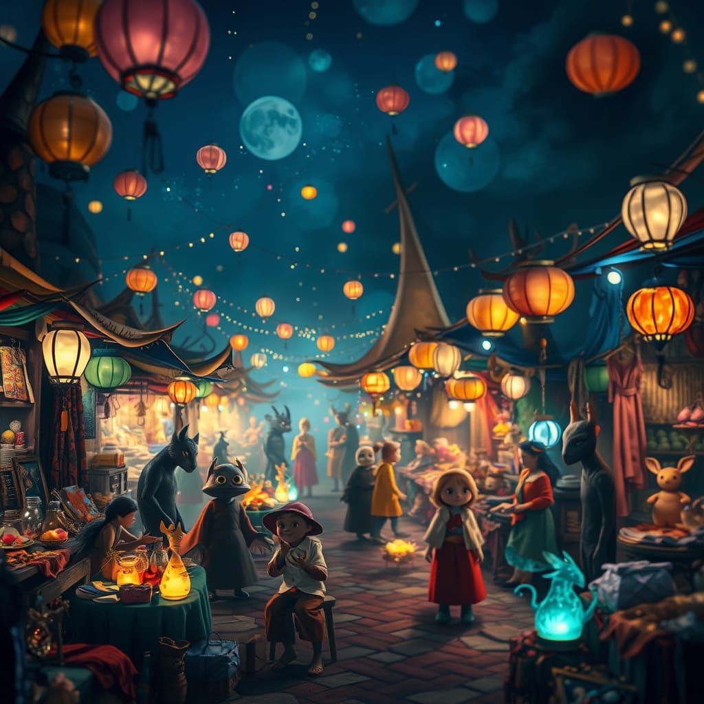 Whimsical Nighttime Market Scene in Vibrant Colors