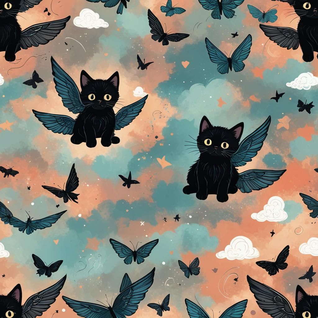 Winged Black Cat Flying in Abstract Sky