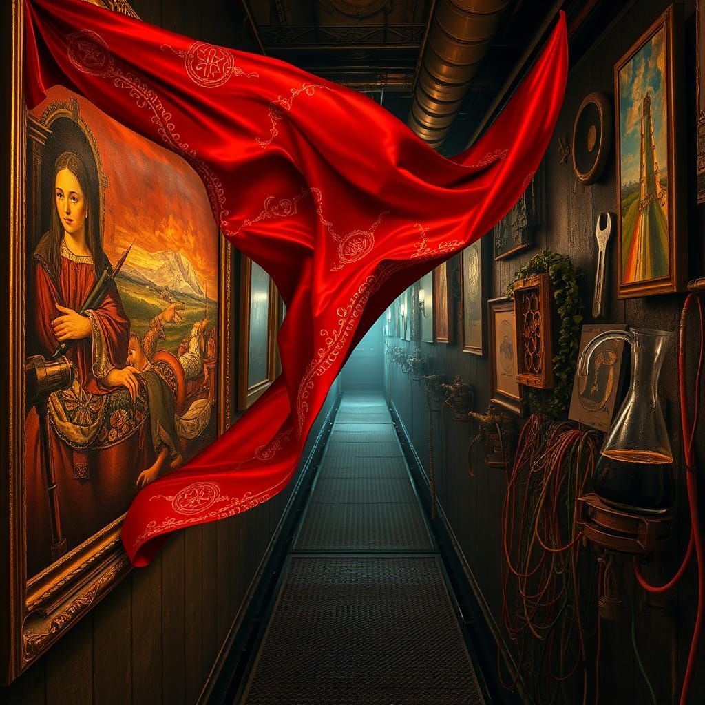Surreal Silk Cloth in Dreamlike Corridor