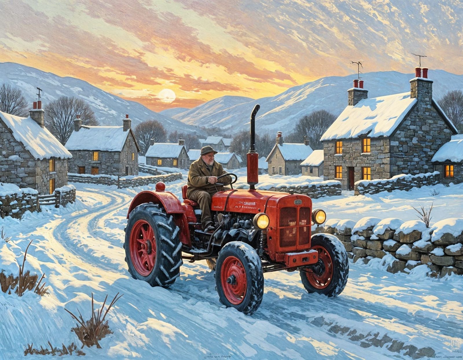 Old Farmer Drives Tractor Through Snowy Snowdonia Dusk