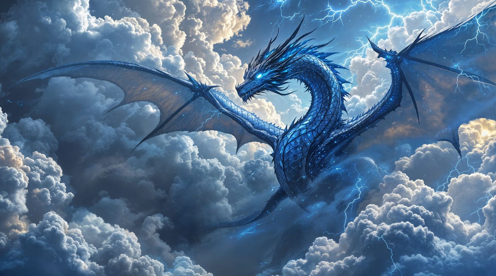Dragon Soars Through Majestic Stormy Skies in a Cyberpunk Di...