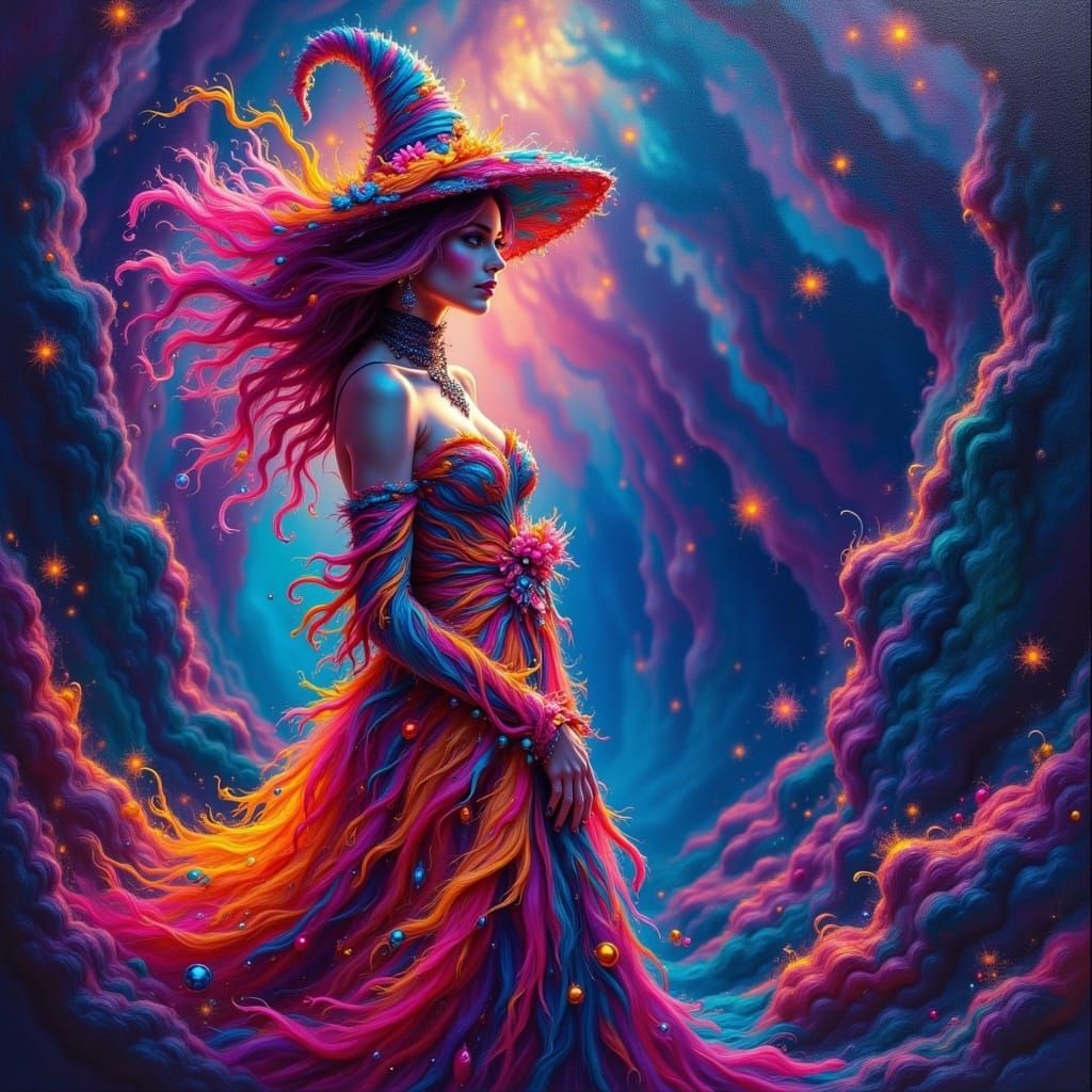 Gorgeous Witch in Oil Pastel with Magic Spirals