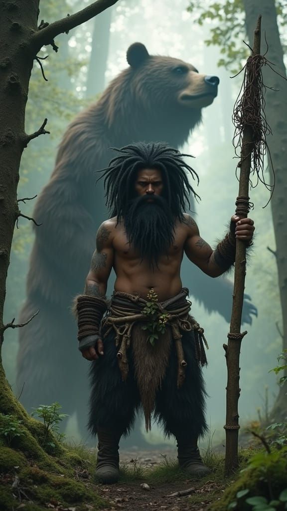 Fantasy Gnome Druid with Bear Shadow in Misty Forest