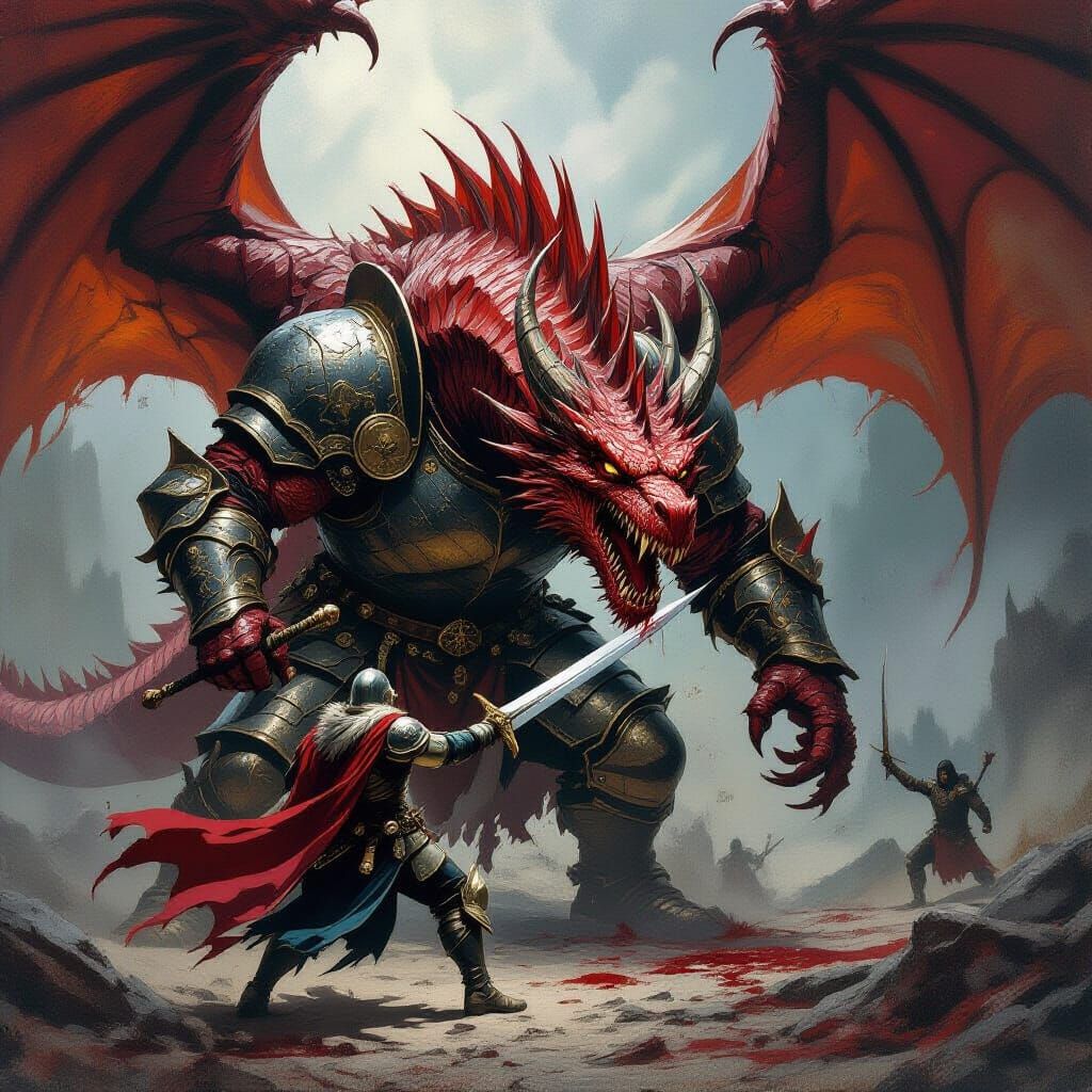 Knight Battles Dragon in Dark Fantasy Style