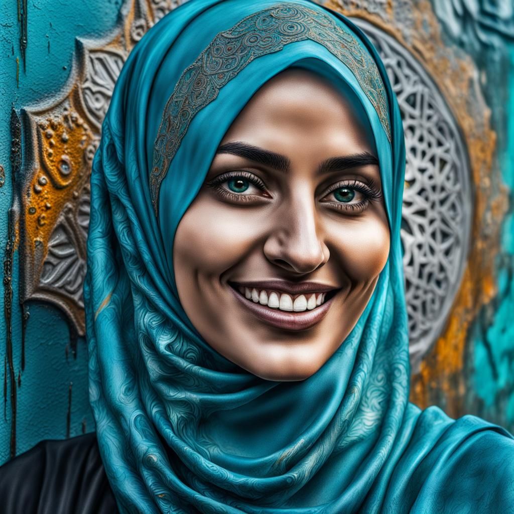 A beautiful Muslim girl stands in front of the camera, smiling, wearing a hijab