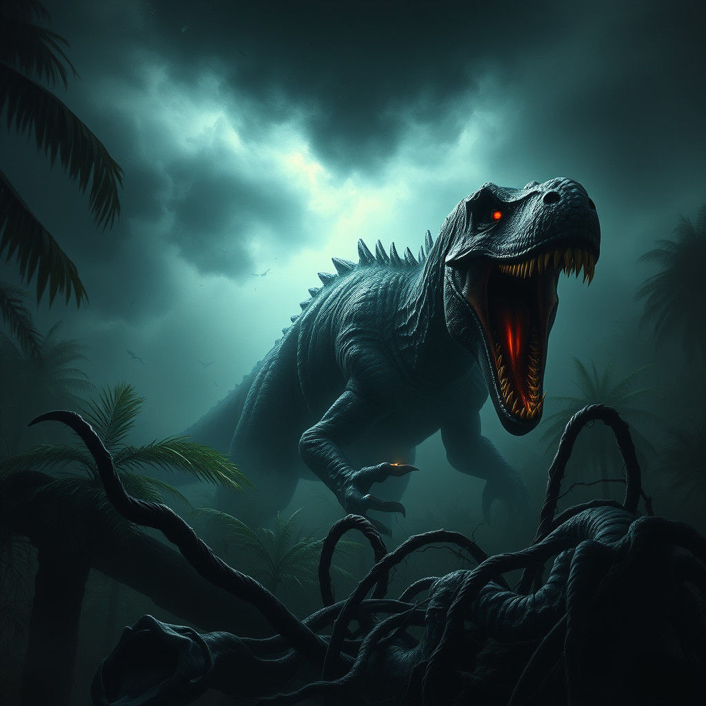 Terrifying Dinosaur Emerges from Misty Jungle