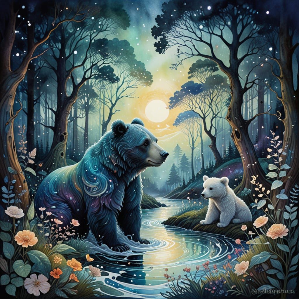 Whimsical Encounter in Midnight Forest, Inspired by Art Nouv...