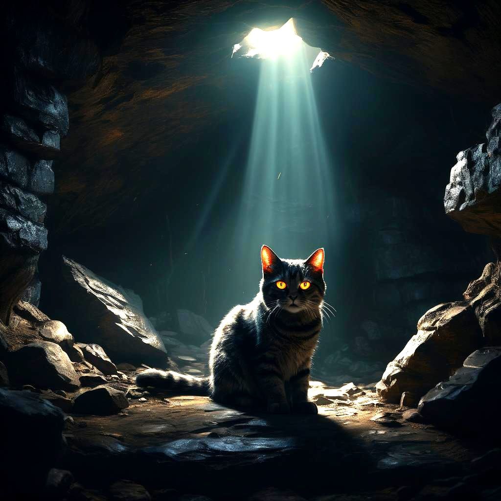 Cat in Dark Cave with Spotlight Sun