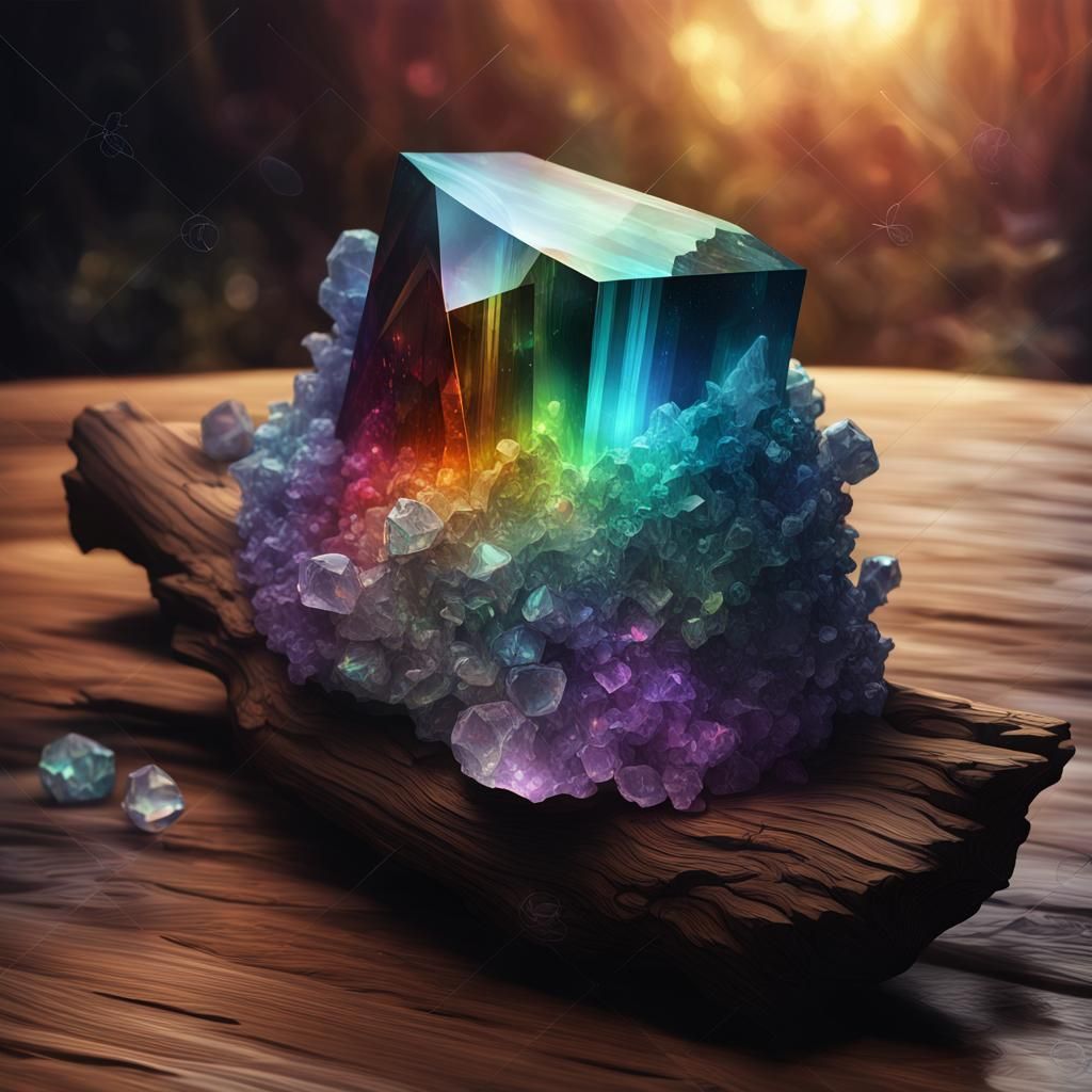 Iridescent Gemstone on Gnarled Stick, Acrylic Art