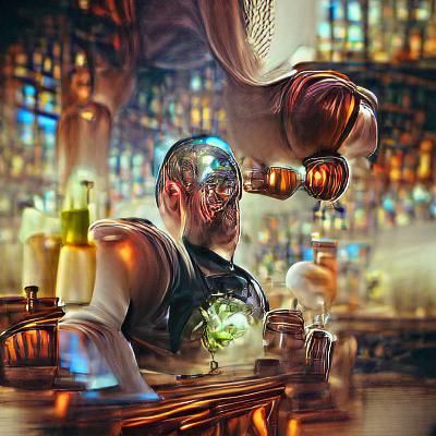 Detailed Cyborg Bartender Portrait in Digital Art Style
