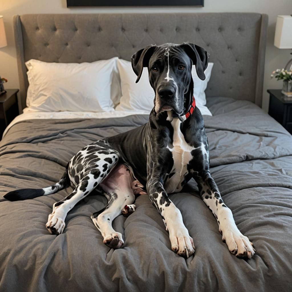 Spotted Great Dane Lounging on Bed