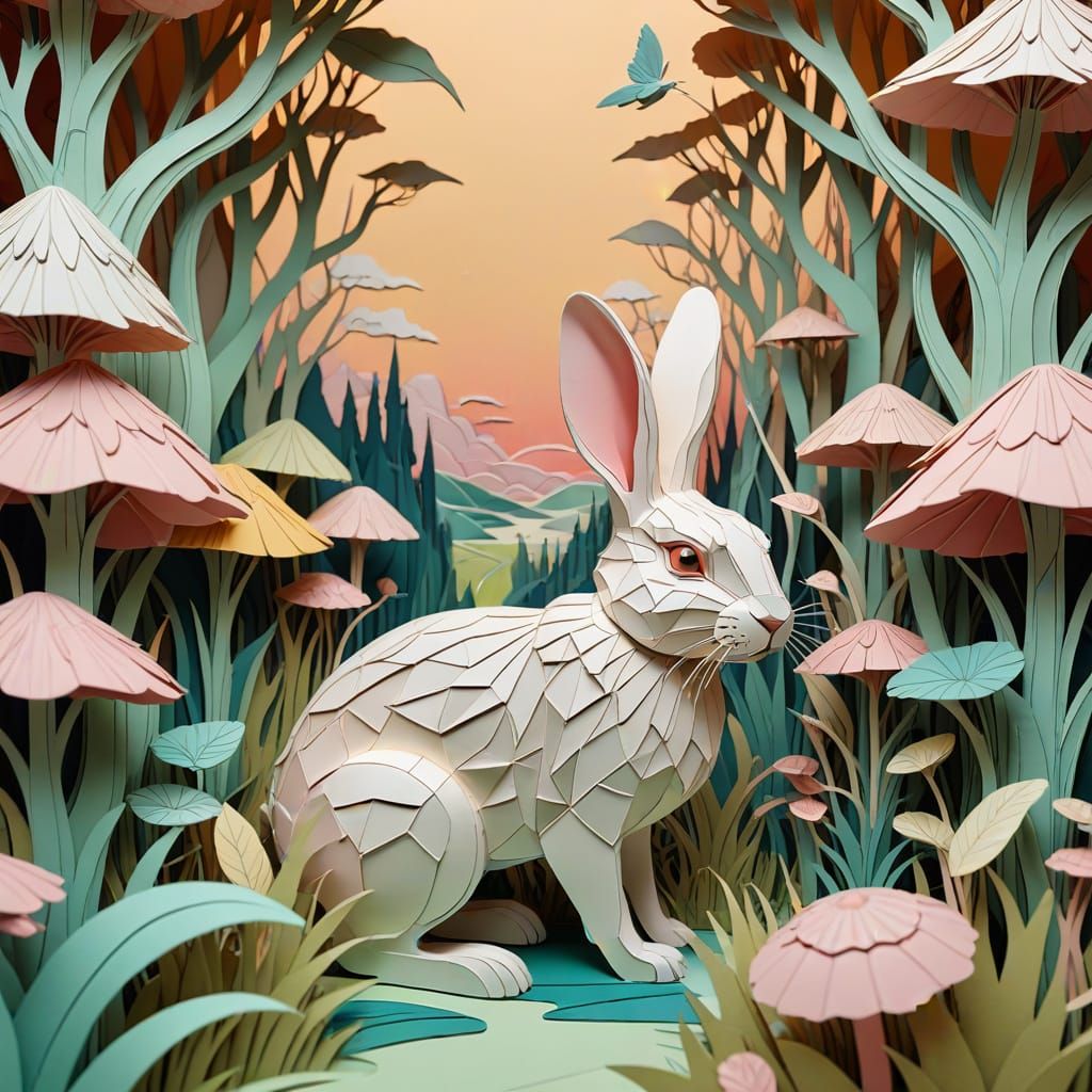Rabbit in Surreal Paper World Art Nouveau Style