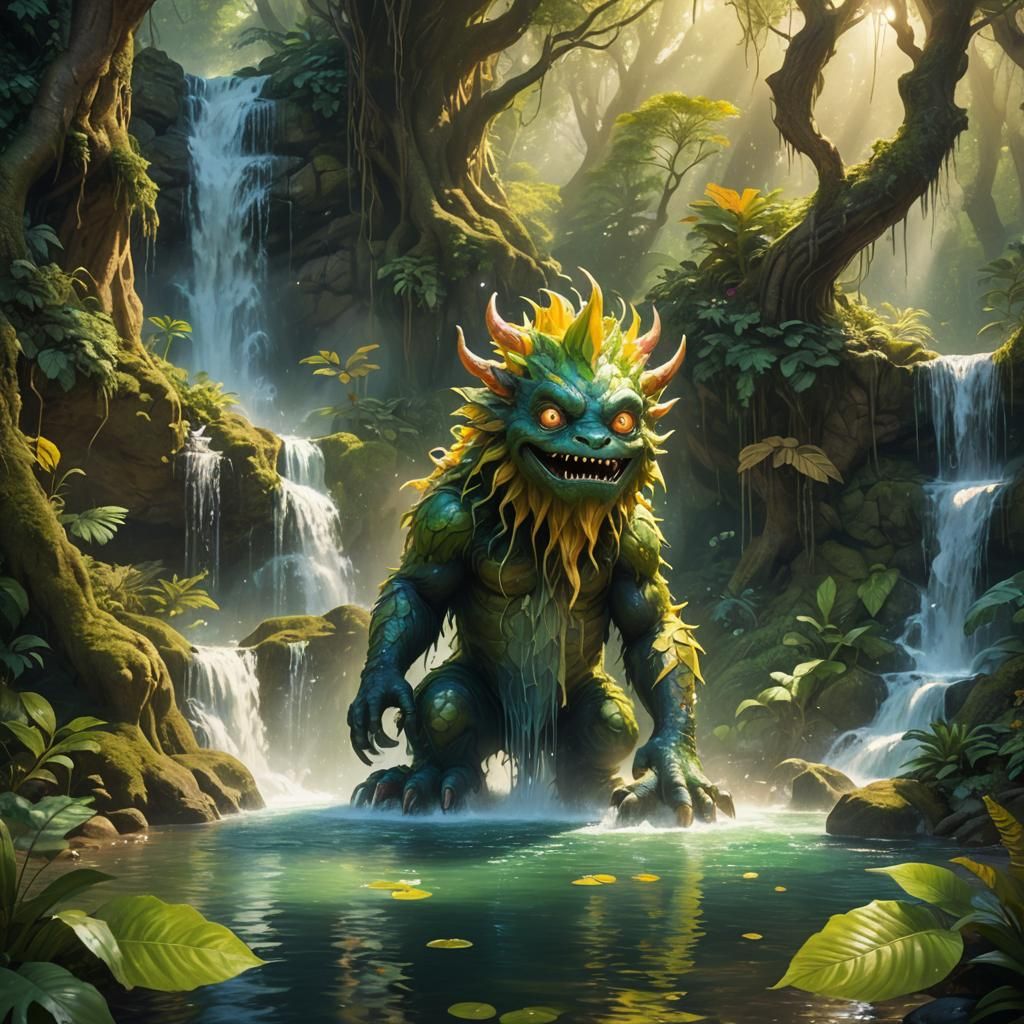 Cute Monster Plays Under Waterfall in Fantasy Art