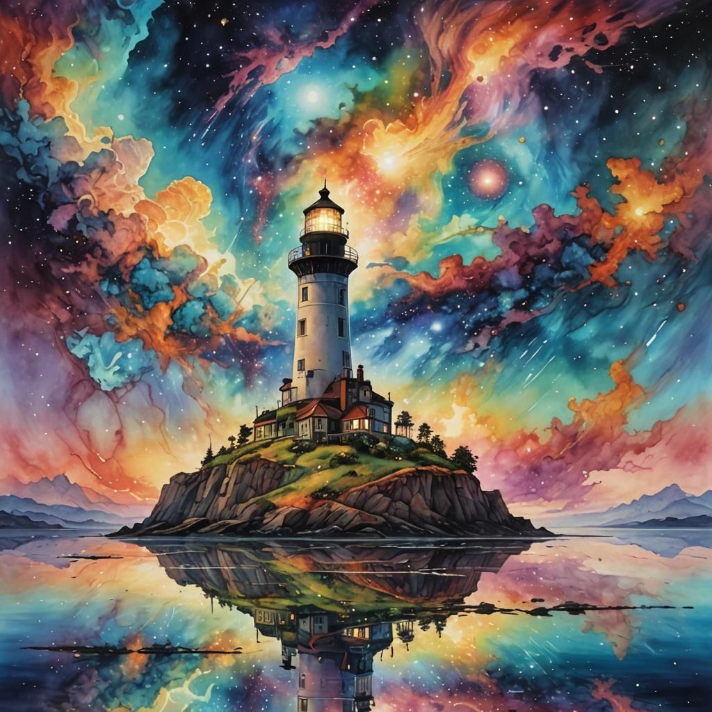 Surreal Lighthouse with Nebula Reflections