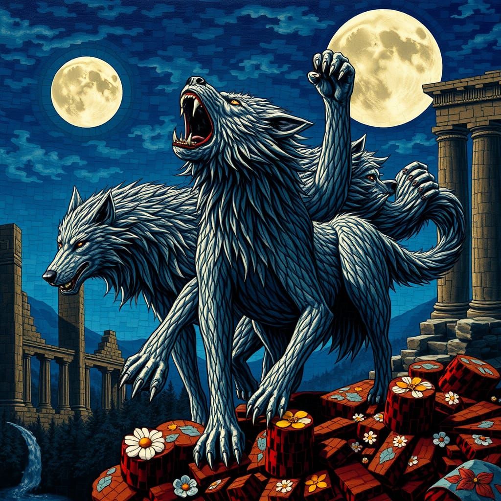 Mystical Realism Werewolf Mosaic in Full Moonlight