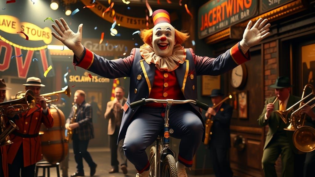Clown on Unicycle with Jazz Band in Film Noir Style