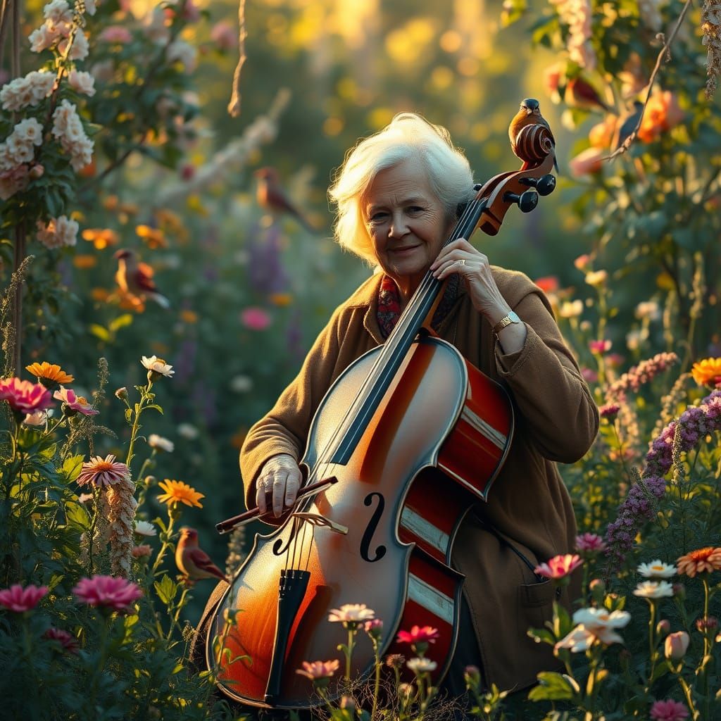 Elderly Woman Plays Cello in Impressionistic Garden