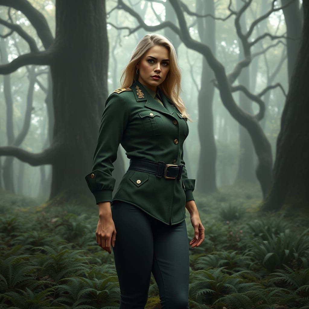 An American female military commander in a Russian forest