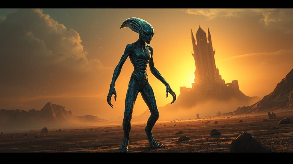 Alien Hero in Desolate Landscape with Ancient Structure