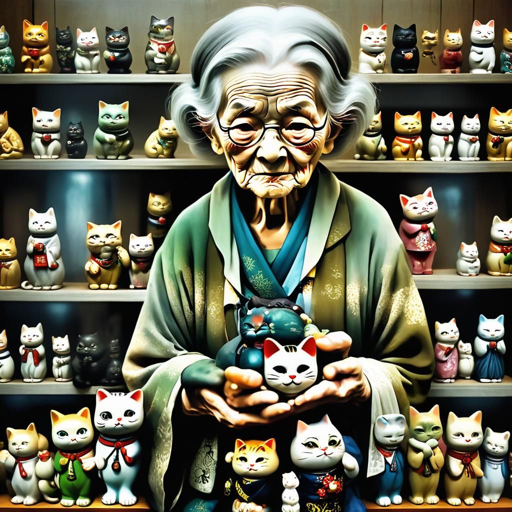 Old Woman Buys Maneki-neko Cat Figurine