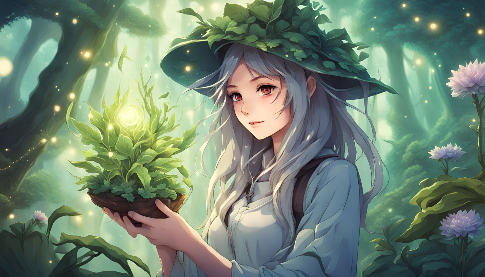 Anime Woman Surrounded by Magical Plants
