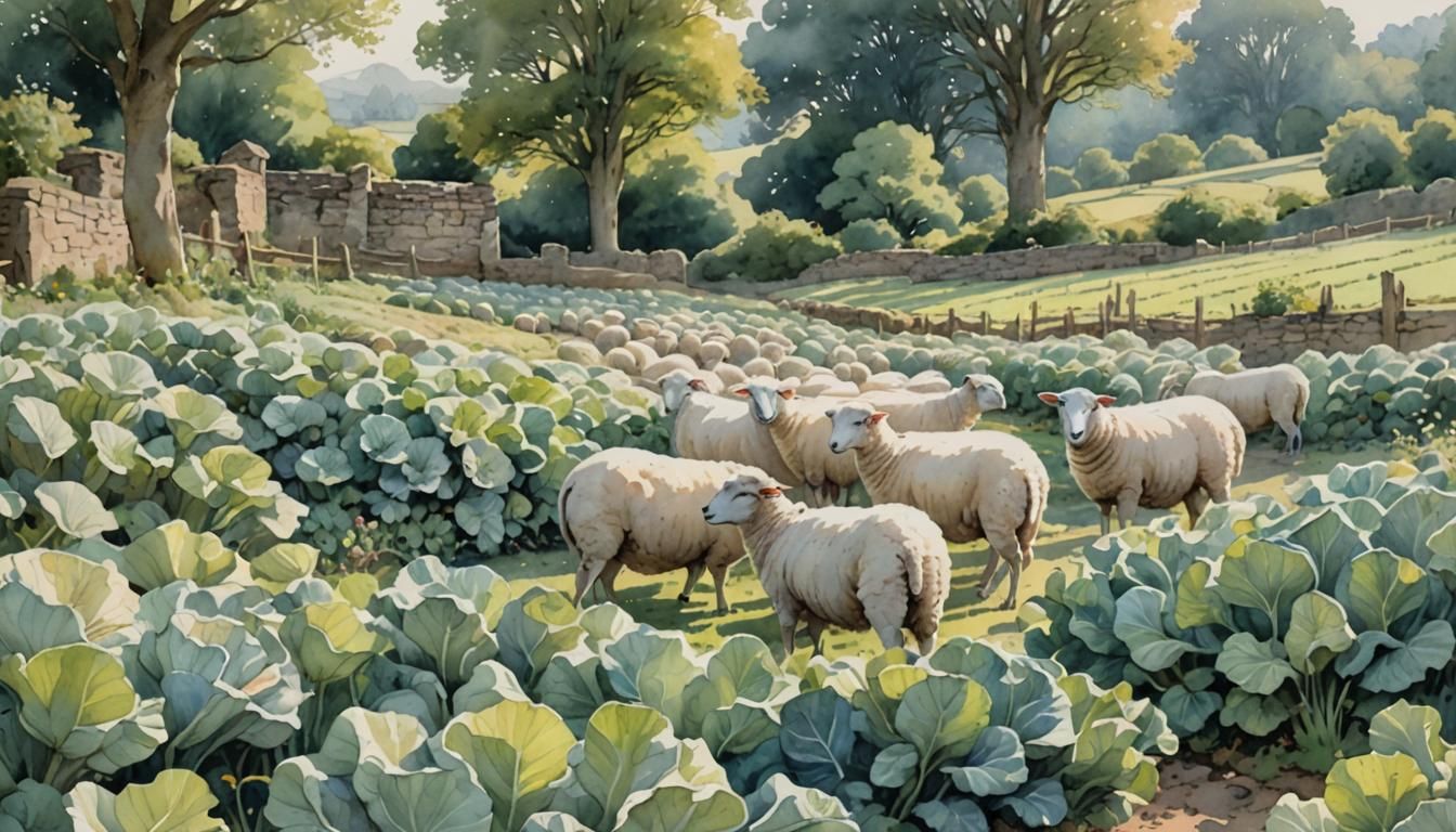 Sheep in Cabbage Garden: Beatrix Potter Watercolour