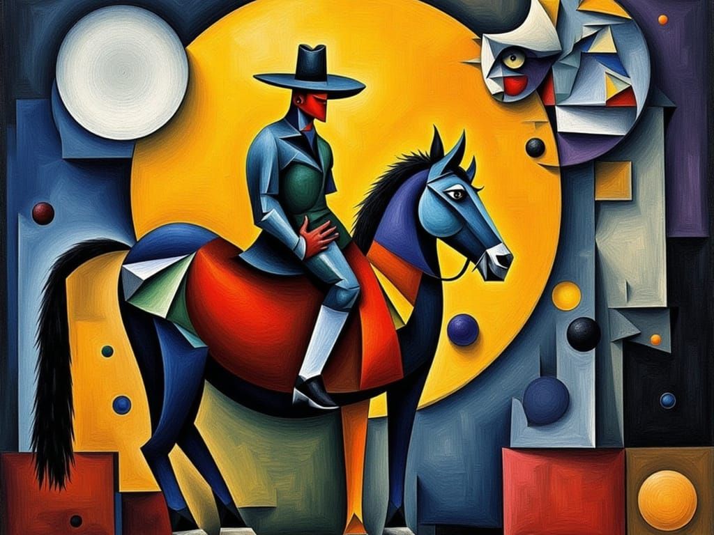 Cubist Cowboy Under Full Moon in Geometric Style