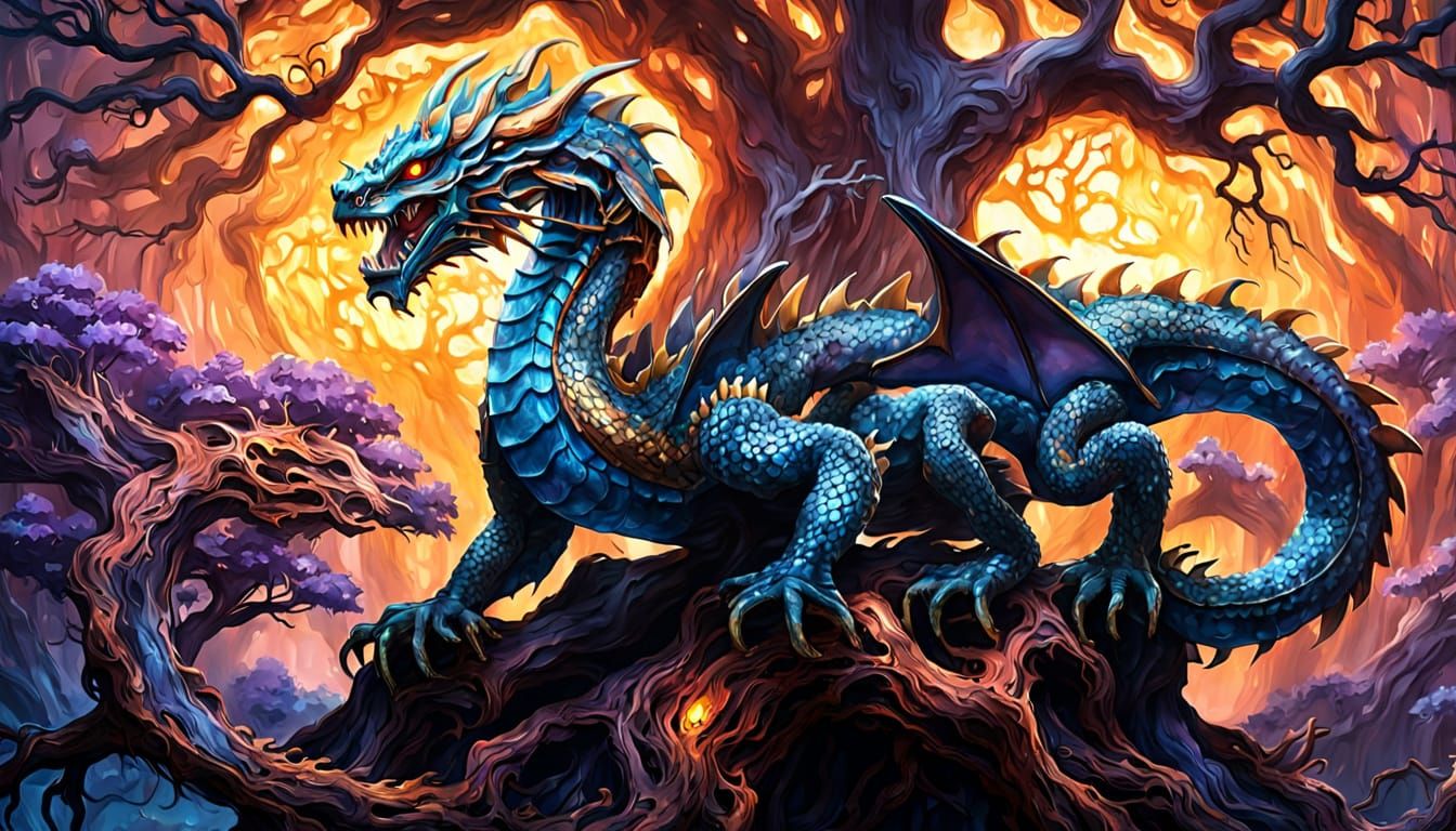 Majestic Dragon Coiled Around Ancient Tree in Acid Ink Style