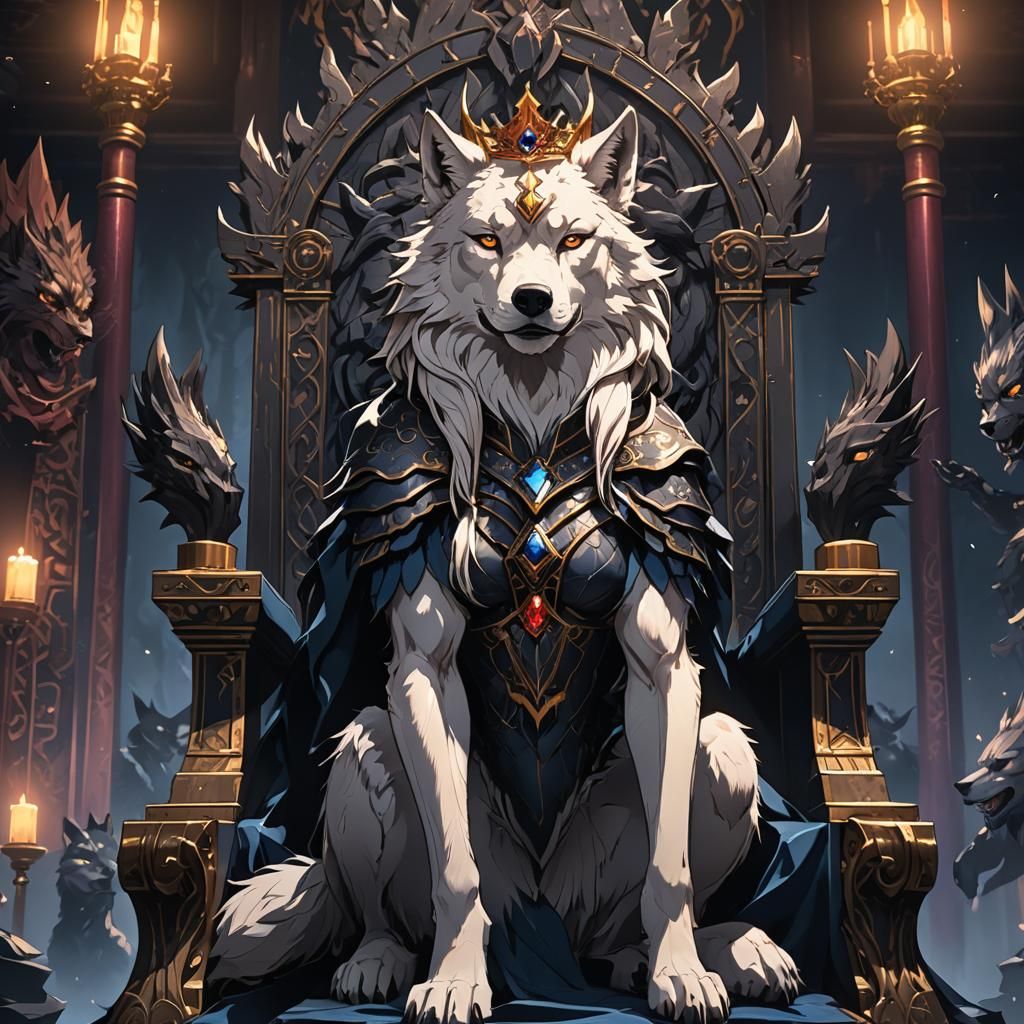 Anime Wolf Queen on Throne in Dramatic Lighting